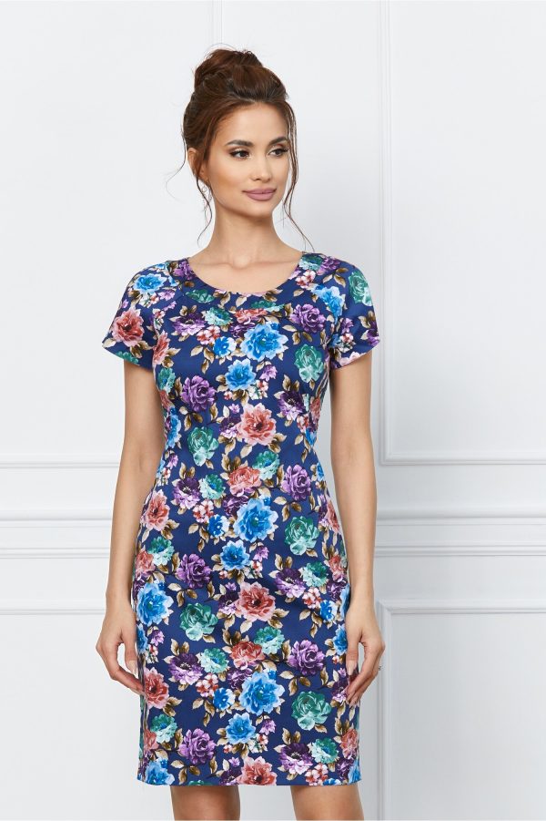 Rochie Sorina bleumarin cu imprimeuri florale colorate