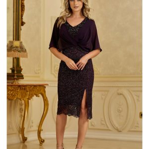 Rochie Teodora mov cu glitter si voal la bust