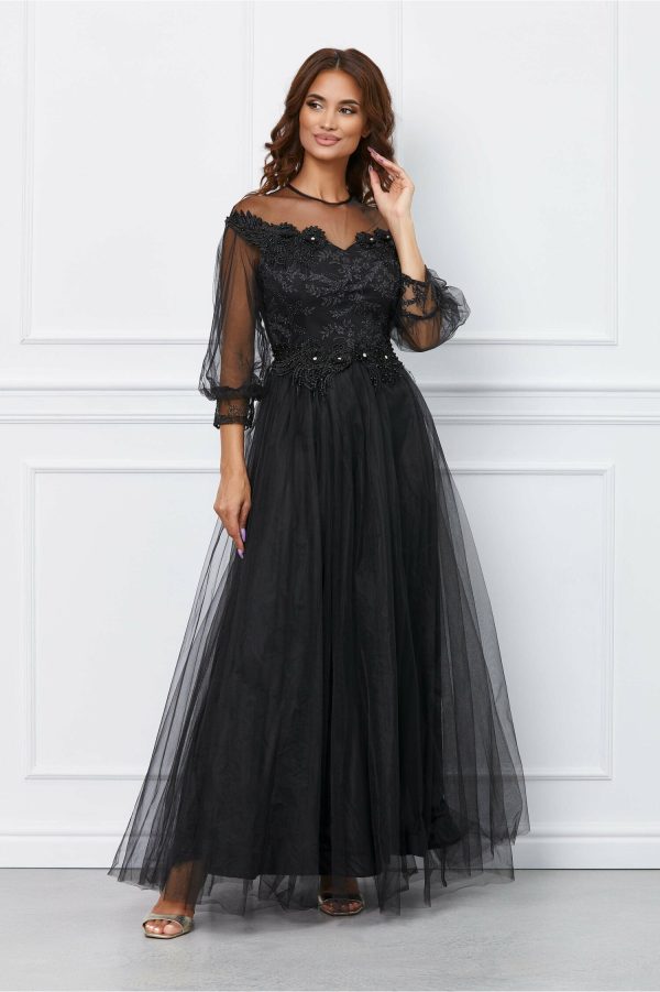 Rochie Theo lunga neagra cu broderie si glitter la bust