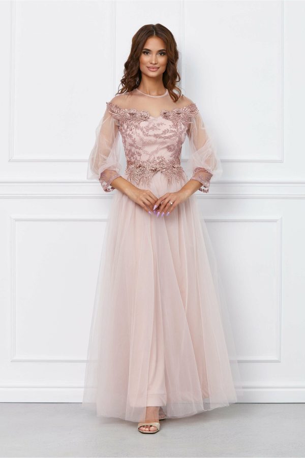 Rochie Theo lunga roz cu broderie si glitter la bust