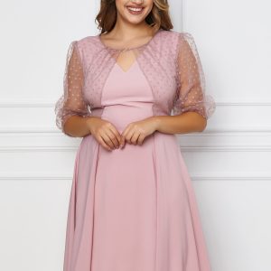 Rochie Valeria roz cu tull si buline catifelate la bust
