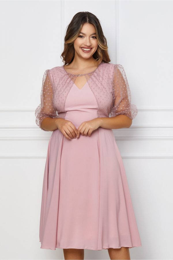 Rochie Valeria roz cu tull si buline catifelate la bust