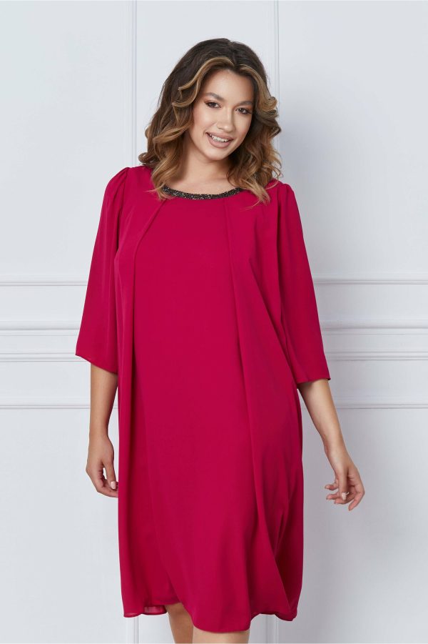 Rochie Vera fucsia cu pliuri si margele la decolteu