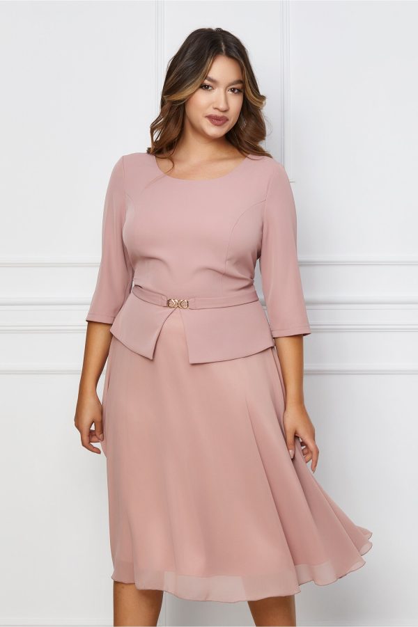 Rochie Vera roz cu peplum si accesoriu metalic in talie