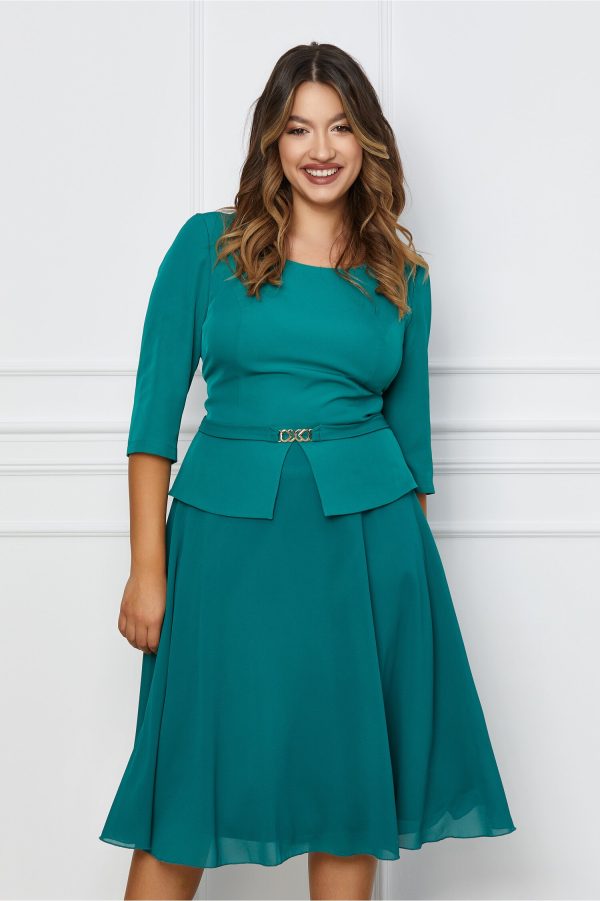 Rochie Vera verde cu peplum si accesoriu metalic in talie