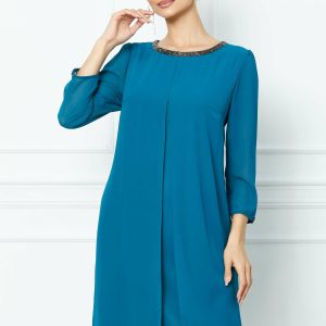 Rochie Viviana albastru petrol cu accesoriu la decolteu