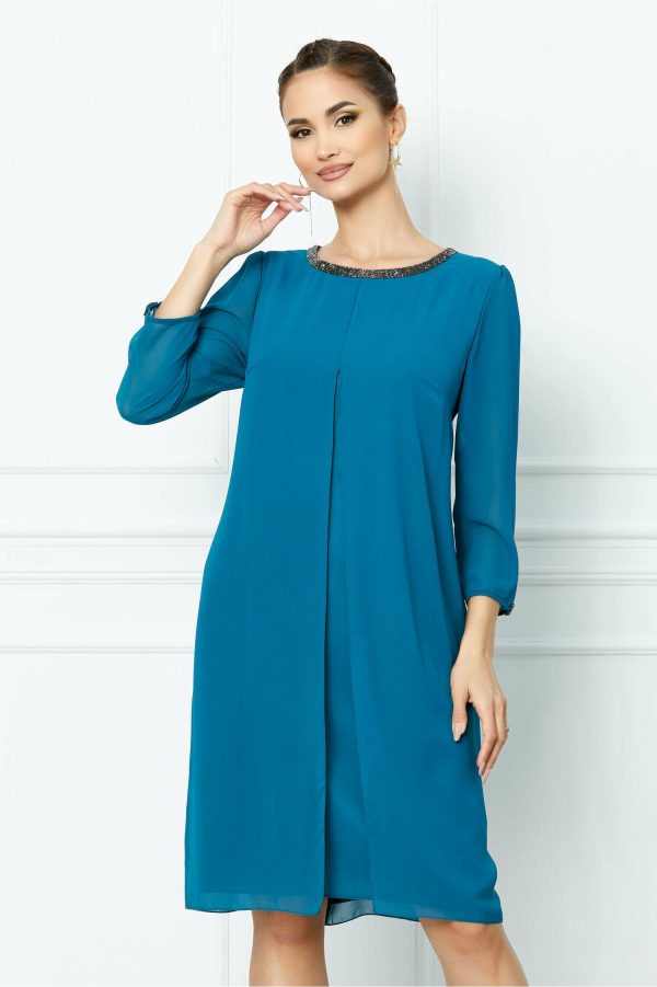 Rochie Viviana albastru petrol cu accesoriu la decolteu