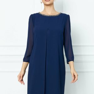 Rochie Viviana bleumarin cu accesoriu la decolteu