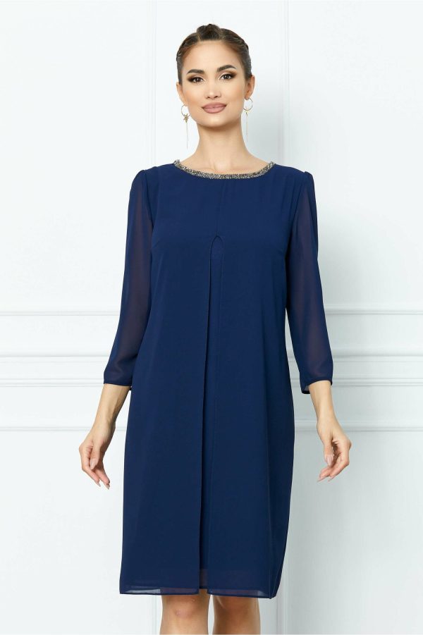 Rochie Viviana bleumarin cu accesoriu la decolteu