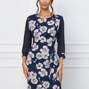 Rochie Wilma bleumarin cu imprimeu floral alb