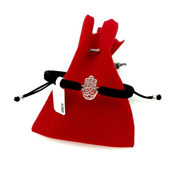 Bratara din argint 925 cu snur negru si rosu, Hamsa