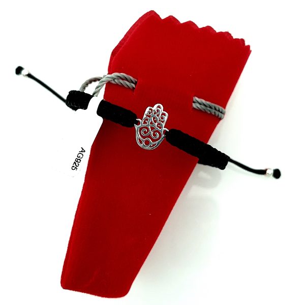 Bratara din argint 925 cu snur negru si rosu, Hamsa