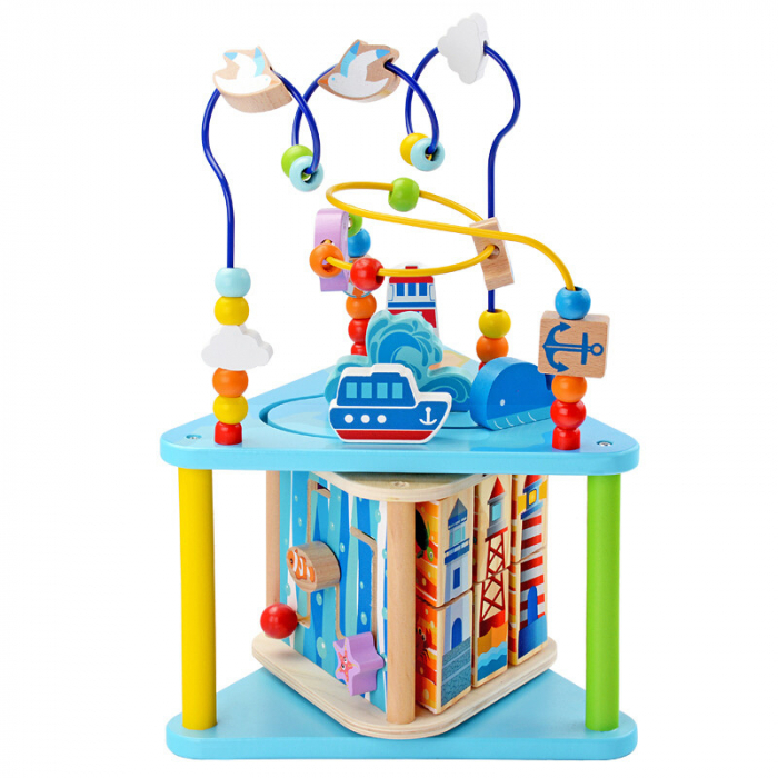 Centru cu activitati multiple Montessori, rotativ, Ocean life, 38x26x23 cm, din lemn