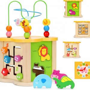 Cub cu 6 activitati Montessori, animalele salbatice cu circuit de bile Mini Animal Cube