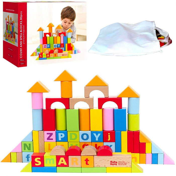 Cutie 80 cuburi cu litere, cifre Count and Spell, din lemn