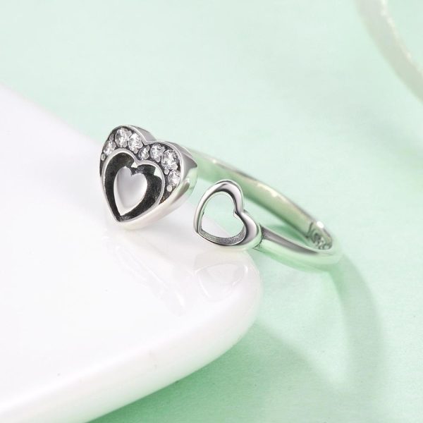 Inel reglabil double heart din argint 925 si cristale