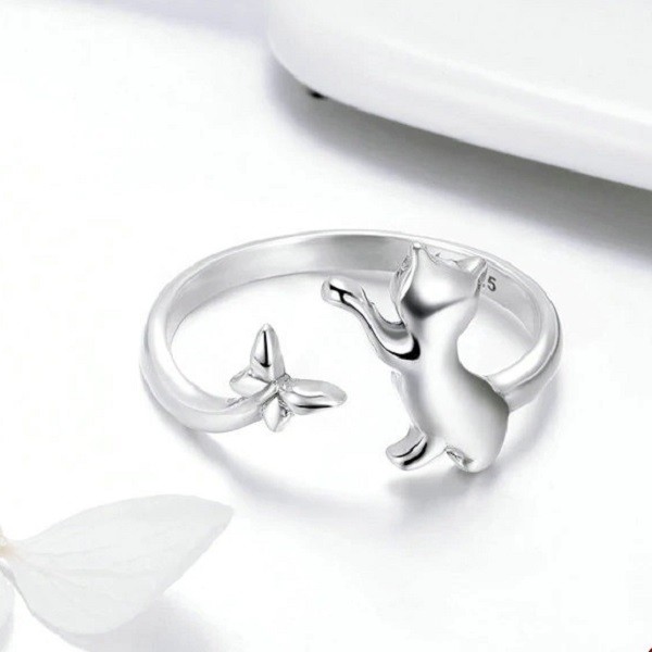 Inel reglablil cat and butterfly din argint 925