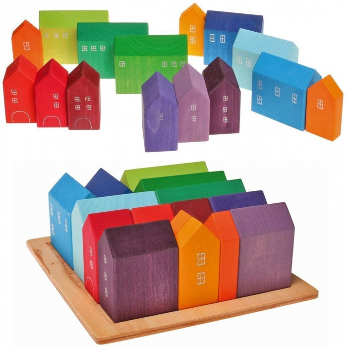 Joc din lemn Montessori, set 15 casute Curcubeu - Krista