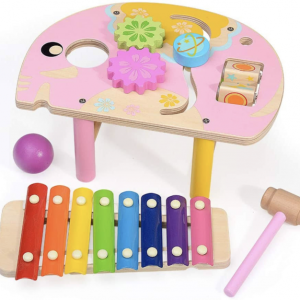 Masuta cu activitati multiple Montessori, elefantul roz, din lemn