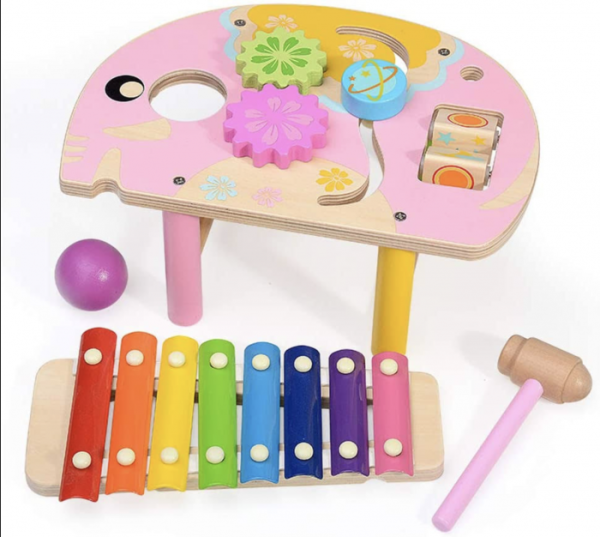 Masuta cu activitati multiple Montessori, elefantul roz, din lemn