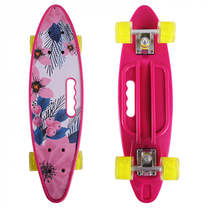 PennyBoard cu maner si lumini in roti, Flori Roz