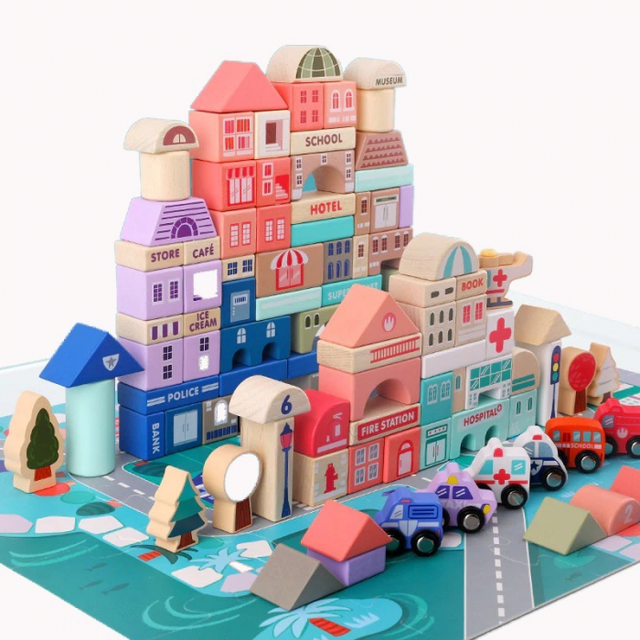 Set 115 cuburi de constructie din lemn Orasul Meu