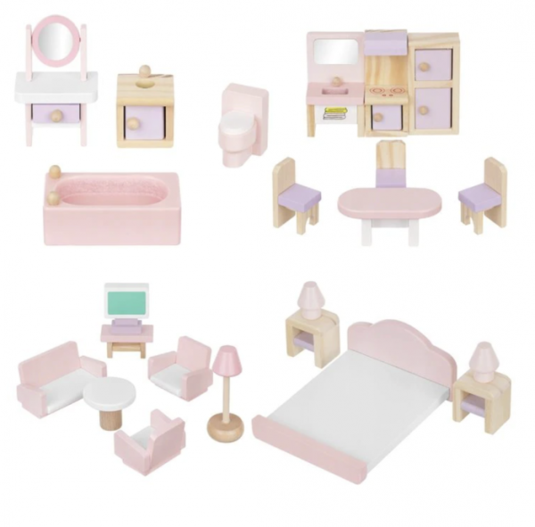 Set mobilier roz pentru casuta de papusi, 22 piese, din lemn