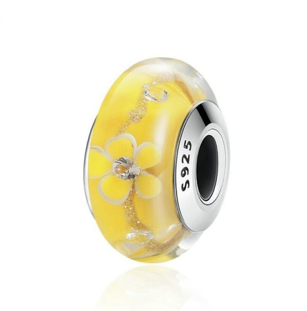 Talisman din argint 925 si sticla galbena cu floricele