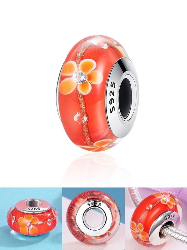 Talisman din argint 925 si sticla portocalie cu floricele