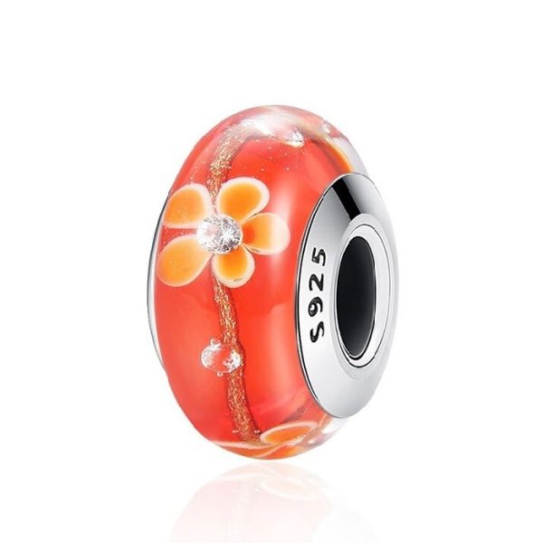 Talisman din argint 925 si sticla portocalie cu floricele
