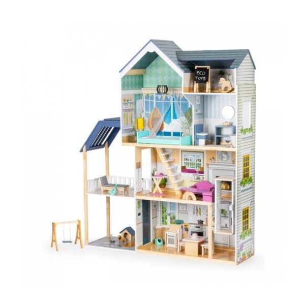 Ecotoys - Casuta de papusi XXL din lemn cu mobilier, terasa, catel si leagan, casuta lui Maya, 8101