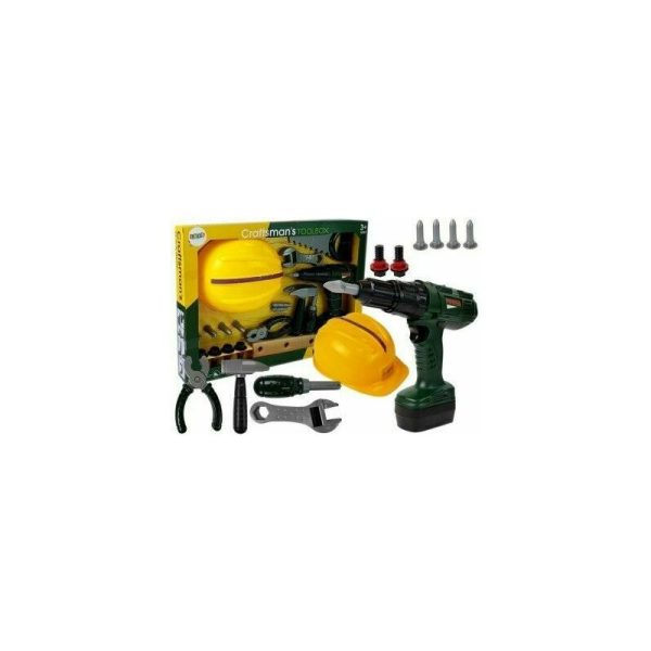 Leantoys - Set scule de joaca pentru copii, bormasina cu burghiu, casca si accesorii, , 7215