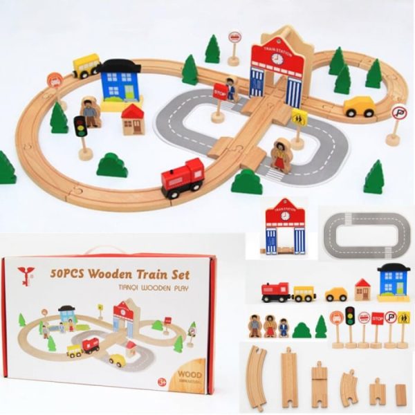 Set Trenulet Educational cu Cale Ferata din Lemn - 50 Piese