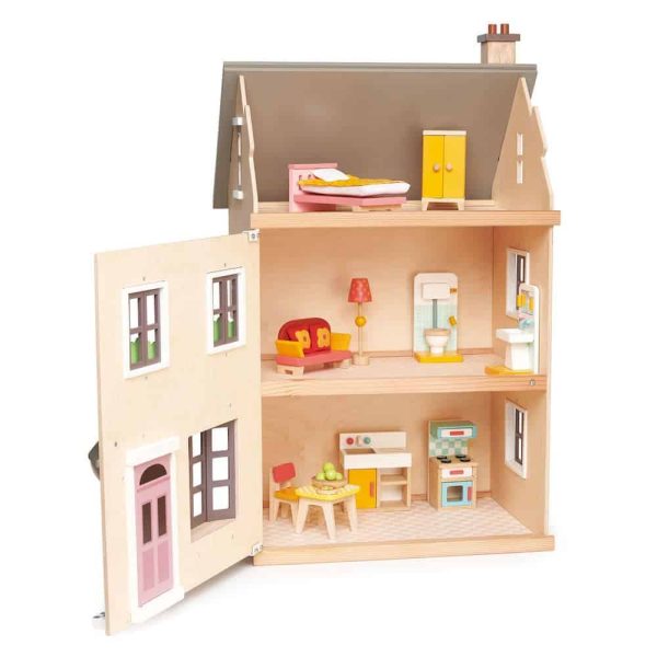 Casuta urbana de papusi, din lemn premium Foxtail Villa - include 12 componente de mobila, din lemn premium - Tender Leaf Toys