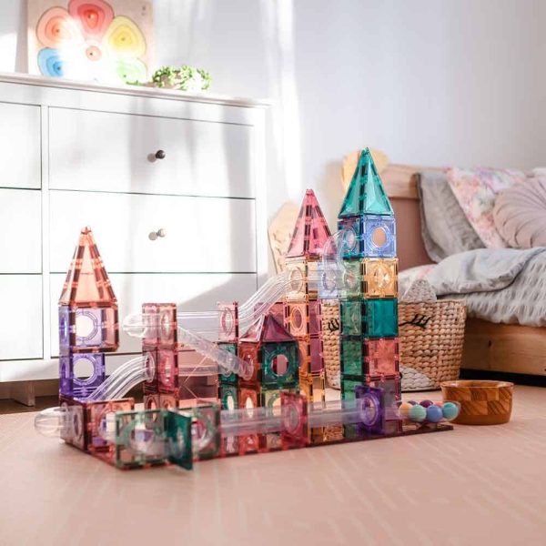 Set de constructie magnetic cu circuite cu bile, Connetix Magnetic Tiles, Pastel Ball Run 106 piese