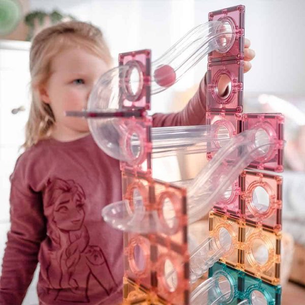Set de constructie magnetic cu circuite cu bile, Connetix Magnetic Tiles, Pastel Ball Run 106 piese