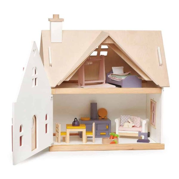 Casuta rurala de papusi, din lemn premium Cottontail Cottage - include 13 componente de mobila in stil retro - Tender Leaf Toys