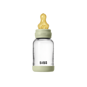 Set complet biberon BIBS din sticla anticolici cu tetina din latex, flux lent, 120 ml, Sage