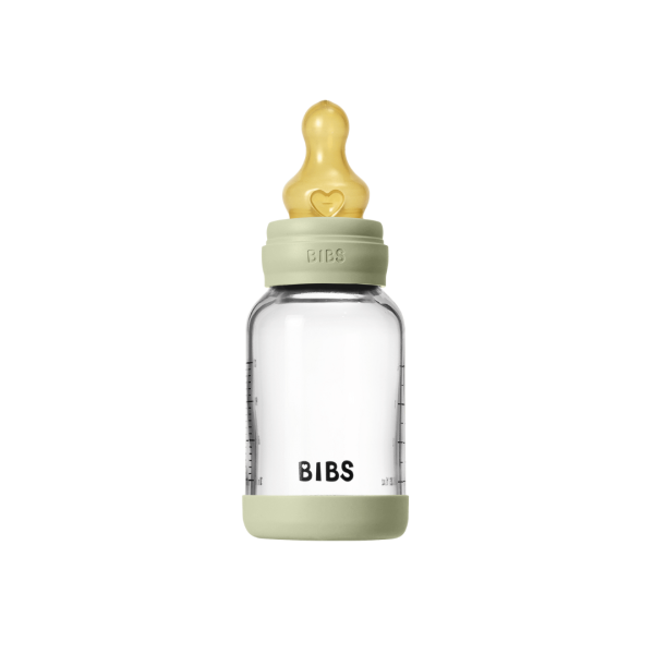 Set complet biberon BIBS din sticla anticolici cu tetina din latex, flux lent, 120 ml, Sage