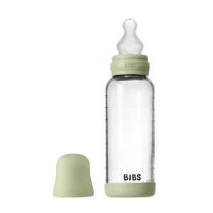 Set complet biberon BIBS din sticla anticolici cu tetina din silicon, flux mediu, 240 ml, Sage
