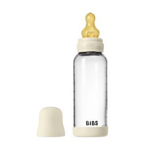 Set complet biberon BIBS din sticla anticolici cu tetina din latex, flux mediu, 240 ml, Ivory