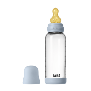 Set complet biberon BIBS din sticla anticolici cu tetina din latex, flux mediu, 240 ml, Baby Blue