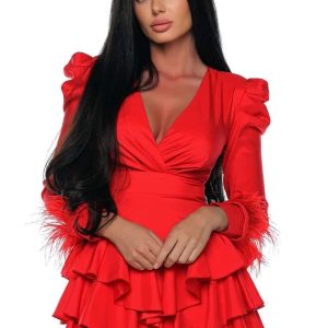 Rochie cu pene la maneci si volane