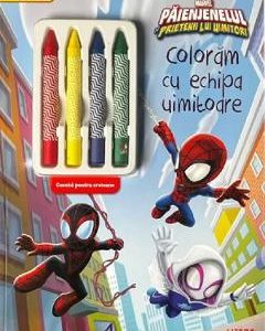Coloram cu echipa uimitoare. Carte de colorat cu 4 creioane cerate