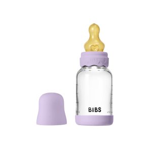 Set complet biberon BIBS Boheme din sticla anticolici cu tetina din latex, flux lent, 120 ml, Violet Sky