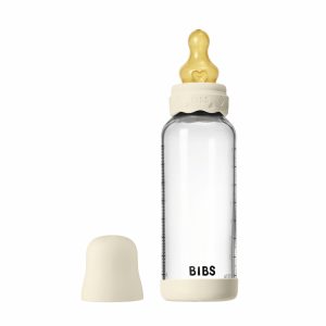 Set complet biberon BIBS Boheme din sticla anticolici cu tetina din latex, flux mediu, 240 ml, Ivory