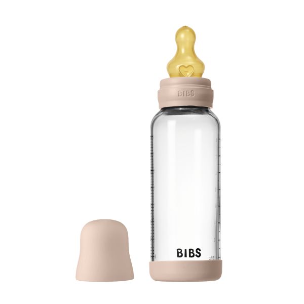 Set complet biberon BIBS din sticla anticolici cu tetina din latex, flux mediu, 240 ml, Blush
