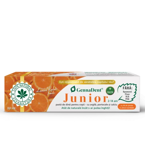 55_junior-portocale_cutie_80ml.webp GennaDent Junior Portocale – Pastă de Dinți Naturală pentru Copii cu Argilă și Portocale, fără Fluor, 80 ml | Vivanatura