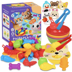Joc Montessori de sortare culori cu piese silicon Hrana animalelor, 50 piese, 3 ani+