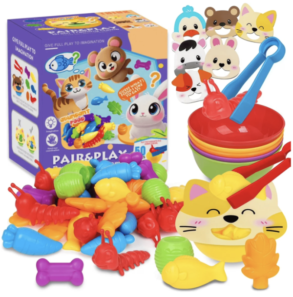 560410.png Joc Montessori de sortare culori cu piese silicon Hrana animalelor, 50 piese, 3 ani+